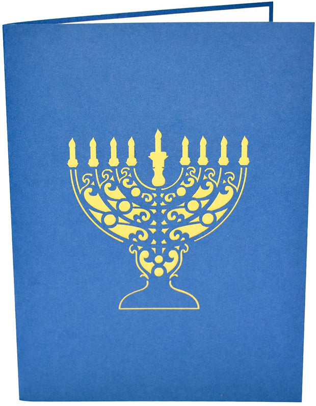 Front cover of card with blue color features Jewish candelabra design