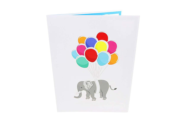 Front cover of card with light grey color features elephant with colorful balloons