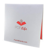 Back cover of card with grey color and printed PopLife logo