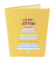 Front cover of card with yellow color features 3-tier happy birthday cake