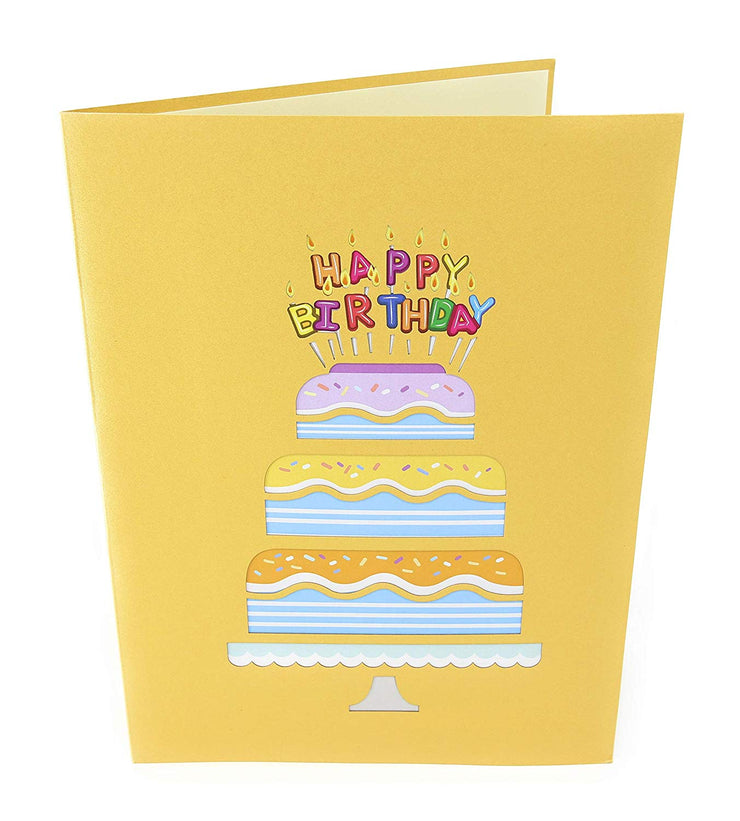 Front cover of card with yellow color features 3-tier happy birthday cake