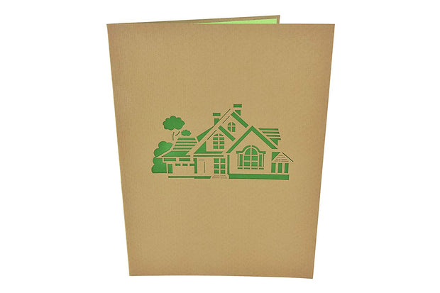 Front cover of card with brown color features house design