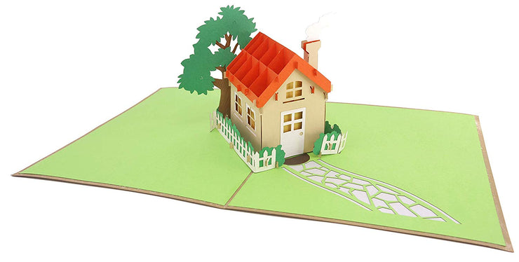 PopLife Pop-Up card features Colorful 2 story house with chimney, and tree