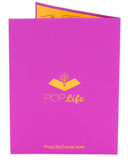 Back cover of card with purple color and printed PopLife logo