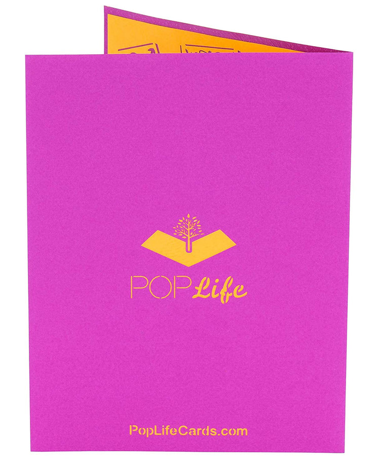 Back cover of card with purple color and printed PopLife logo