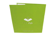 Back cover of card with green color and printed PopLife logo