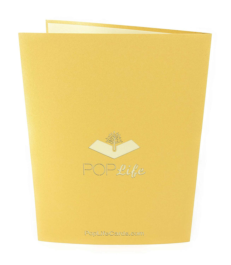 Back cover of card with yellow color and printed PopLife logo