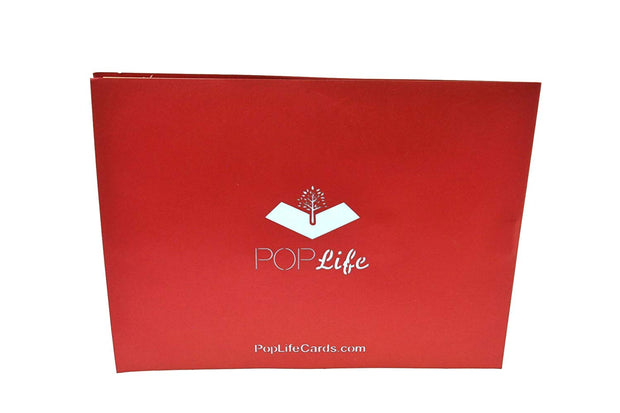 Back cover of card with red color and printed PopLife logo