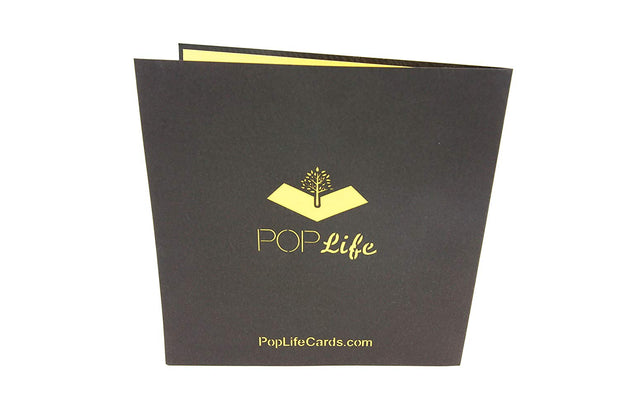 Back cover of card with black color and printed PopLife logo