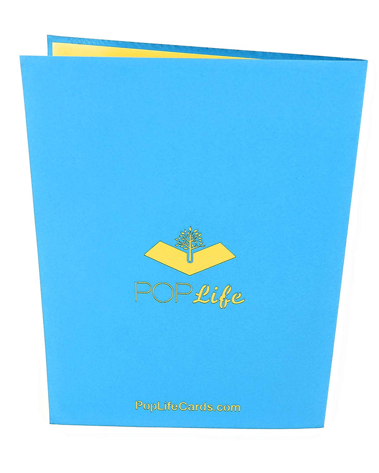 Back cover of card with blue color and printed PopLife logo