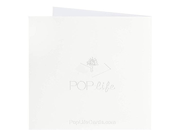 Back cover of card with light grey color and printed PopLife logo