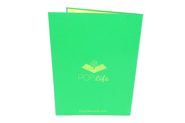 Back cover of card with green color and printed PopLife logo