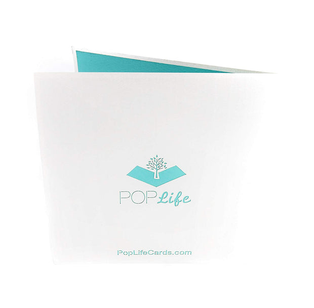 Back cover of card with light grey color and printed PopLife logo