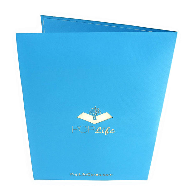 Back cover of card with blue color and printed PopLife logo