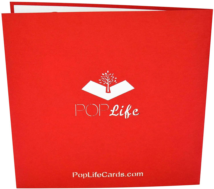 Back cover of card with red color and printed PopLife logo