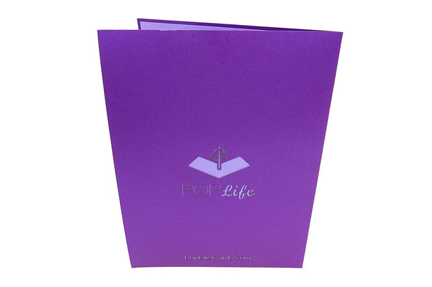 Back cover of card with purple color and printed PopLife logo