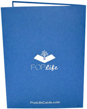 Back cover of card with blue color and printed PopLife logo