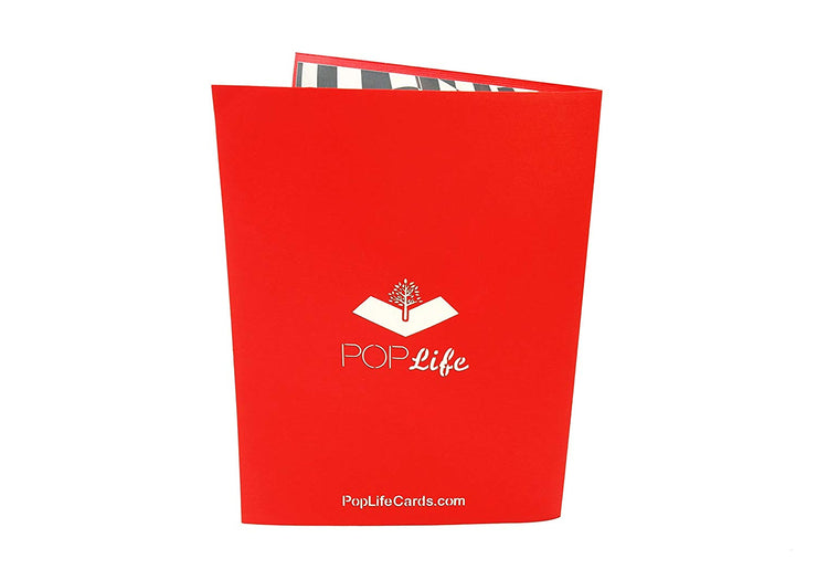 Back cover of card with red color and printed PopLife logo