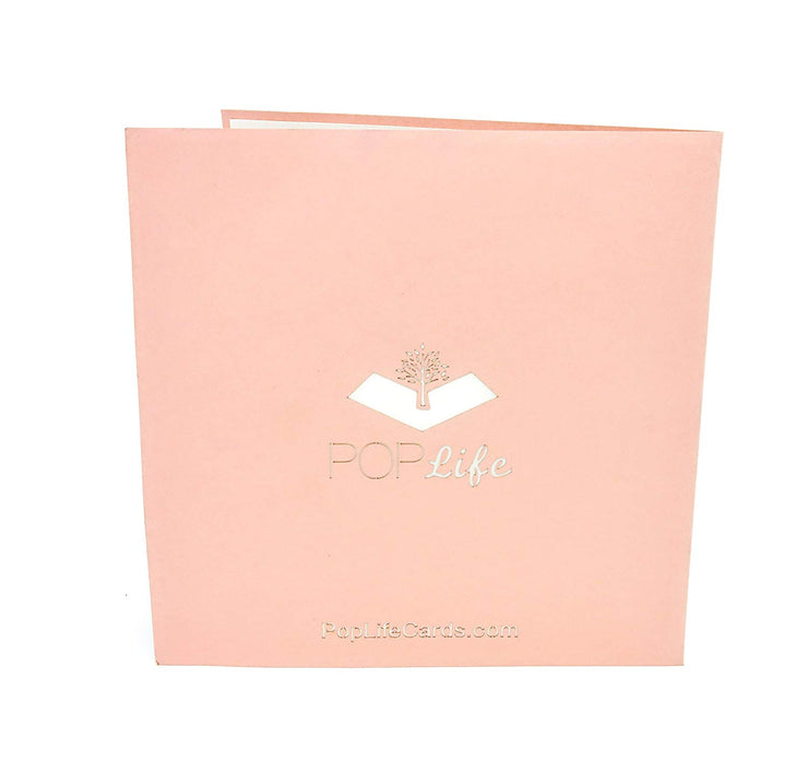 Back cover of card with pink color and printed PopLife logo