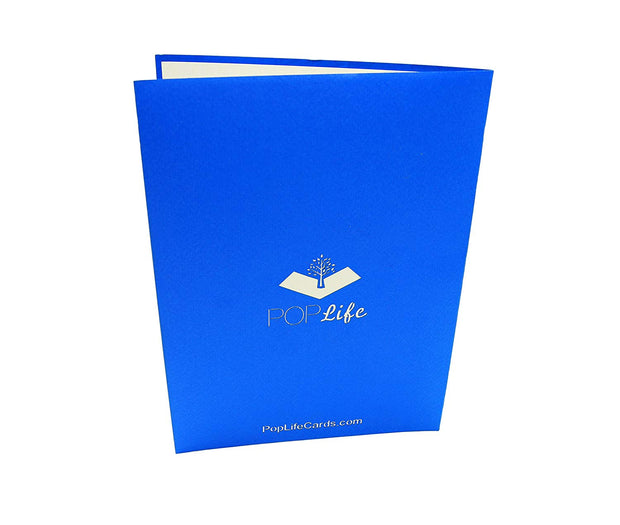 Back cover of card with blue color and printed PopLife logo