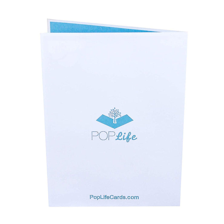 Back cover of card with light grey color and printed PopLife logo