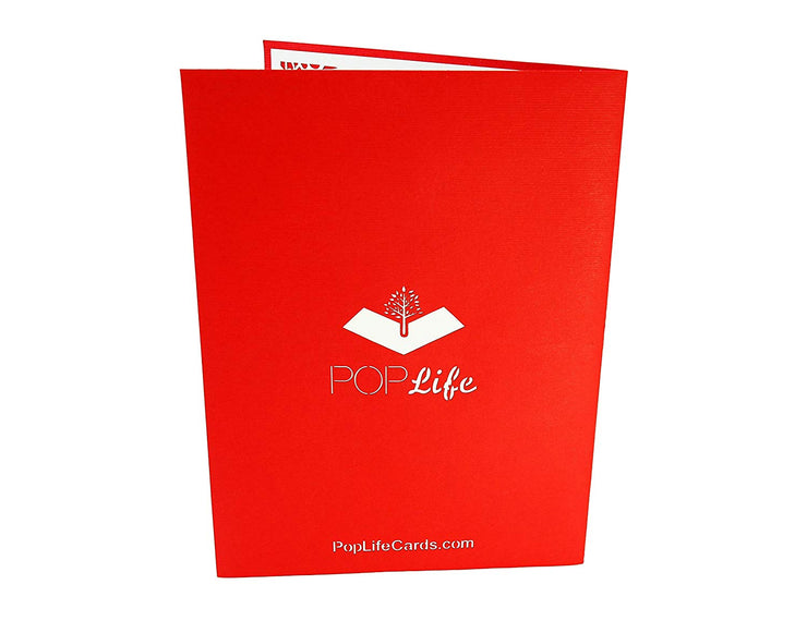 Back cover of card with red color and printed PopLife logo