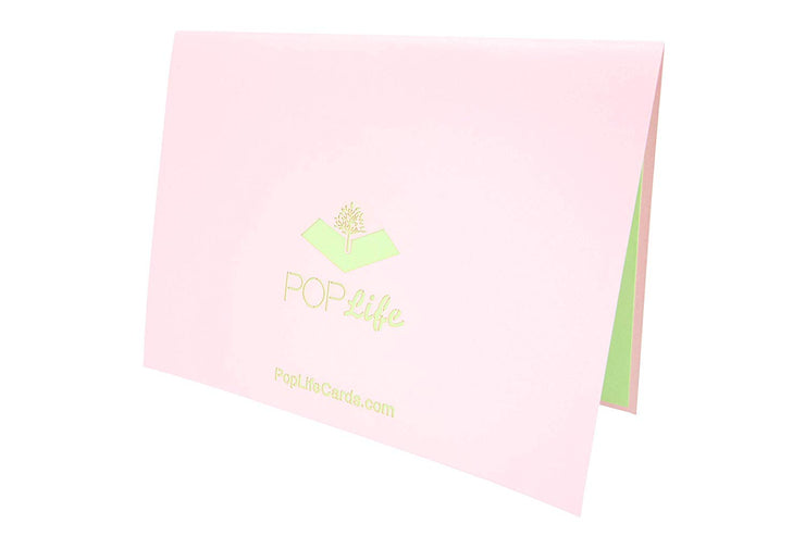 Back cover of card with pink color and printed PopLife logo