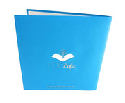 Back cover of card with blue color and printed PopLife logo