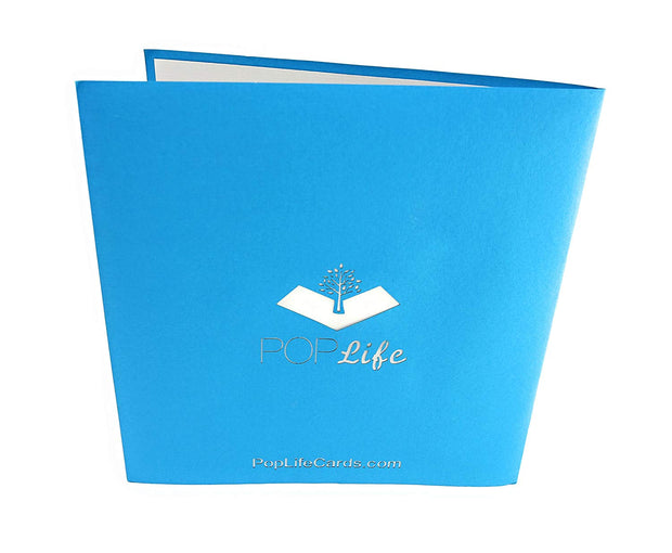 Back cover of card with blue color and printed PopLife logo