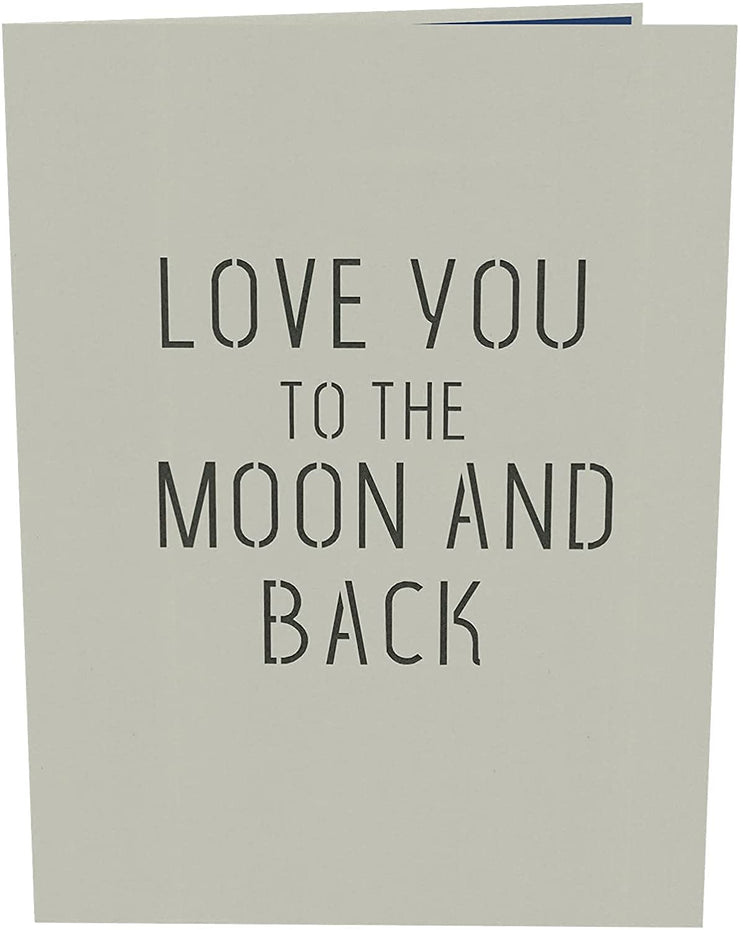 Front cover with gray color features laser-cut words saying "LOVE YOU TO THE MOON AN\D BACK""