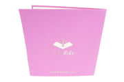 Back cover of card with purple color and printed PopLife logo