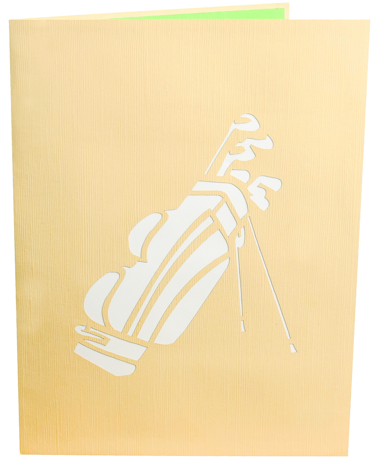 Front cover of card with light brown color features golf clubs in a bag design