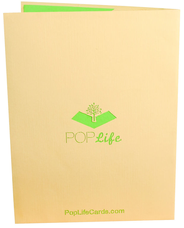 Back cover of card with light brown color and printed PopLife logo