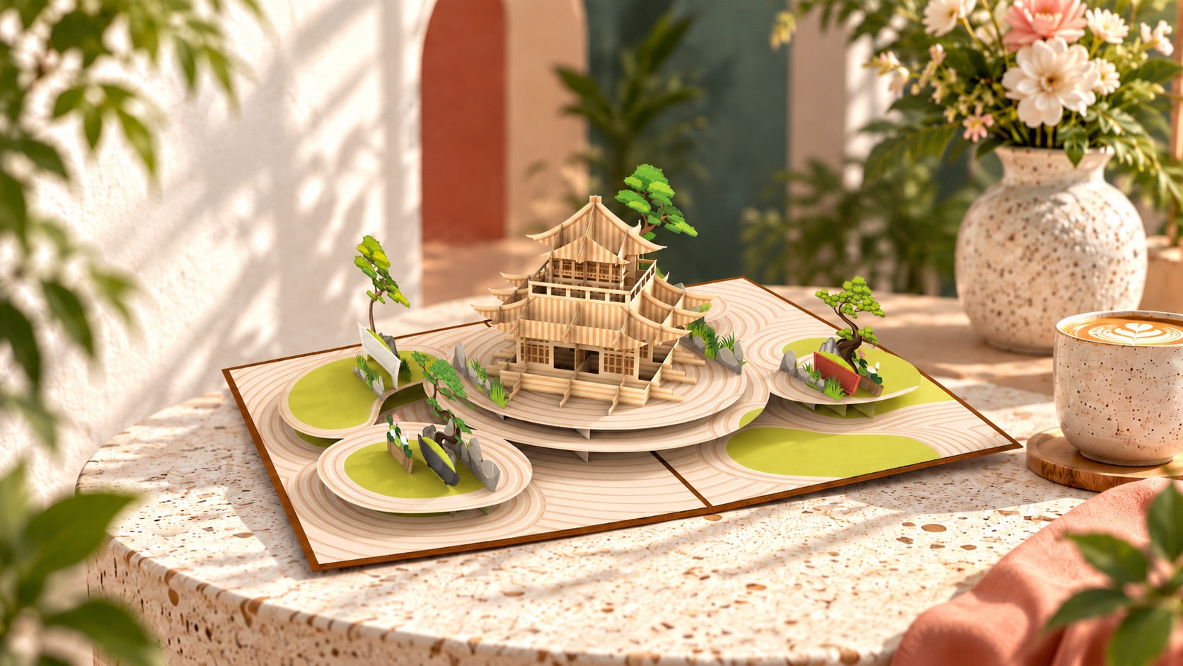 A PopLife pop-up card displayed on a table with fresh flowers