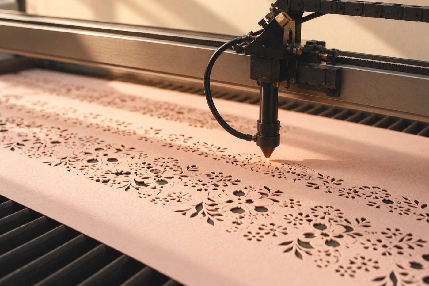 Laser cutter precisely cutting delicate floral shapes into paper