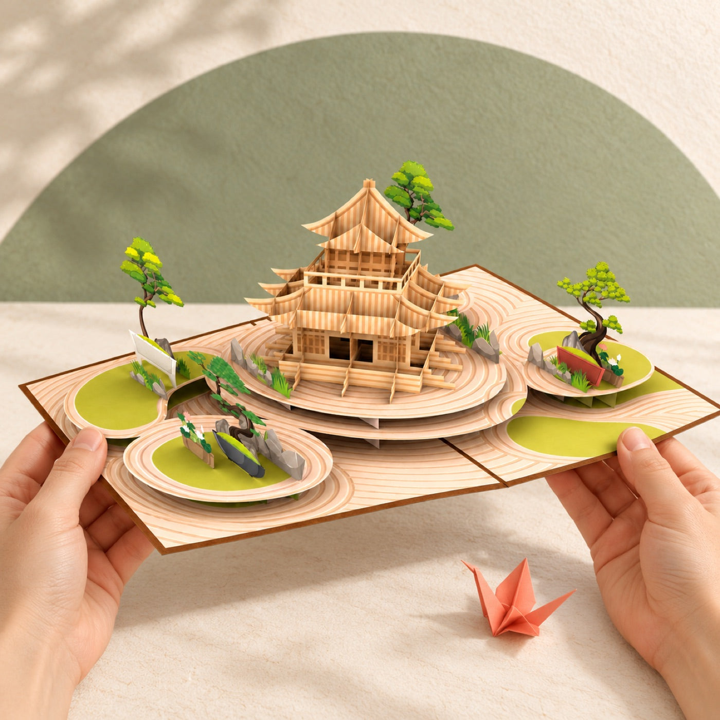 Hands holding an intricate Zen garden pop-up card against a sage paper arch